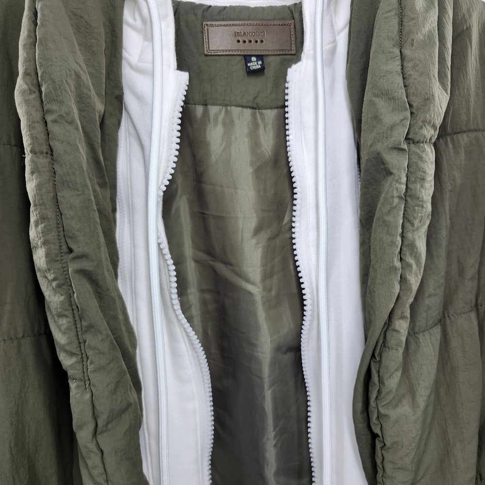 Blank NYC Fair Shake Olive Green Puffer Jacket White Cotton Removeable Hoodie - Picture 10 of 14